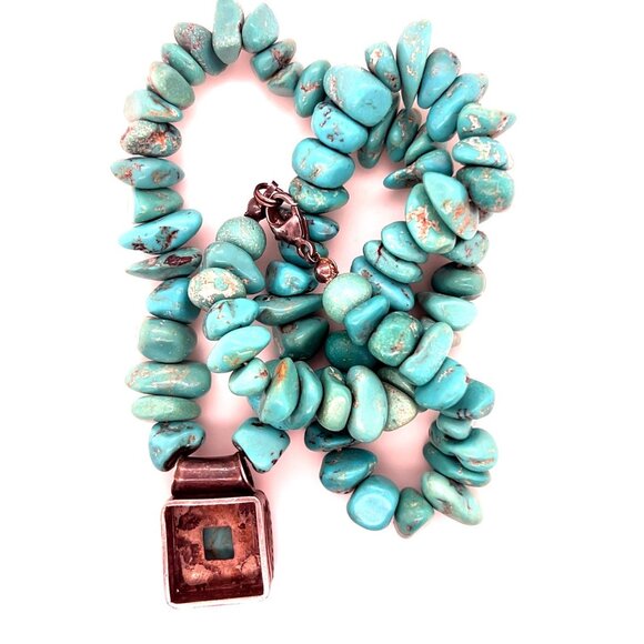 925 Silver Square Turquoise Beaded Necklace - Picture 3 of 7